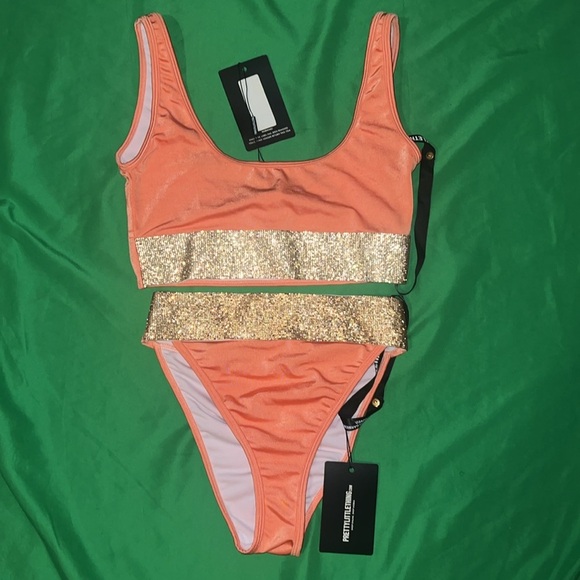 NWT Pretty Little Thing Peach & Gold Women's Swim Bikini 3 Piece Set size 6-FLAW - Picture 3 of 15